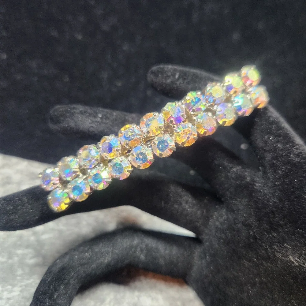 Vintage Aurora Borealis AB Rhinestone Hair Barrette Silver Tone French Clip